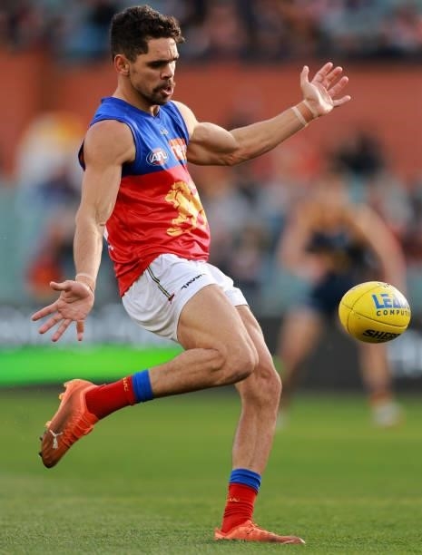 Charlie Cameron of the Lions kicks the ball during the round 16 AFL match between Adelaide Crows and Brisbane Lions at Adelaide Oval on July 03, 2021...