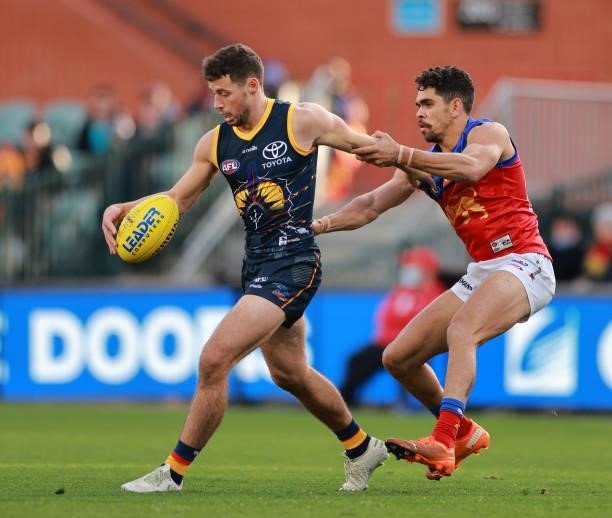 Jake Kelly of the Crows competes for the ball during the round 16 AFL match between Adelaide Crows and Brisbane Lions at Adelaide Oval on July 03,...