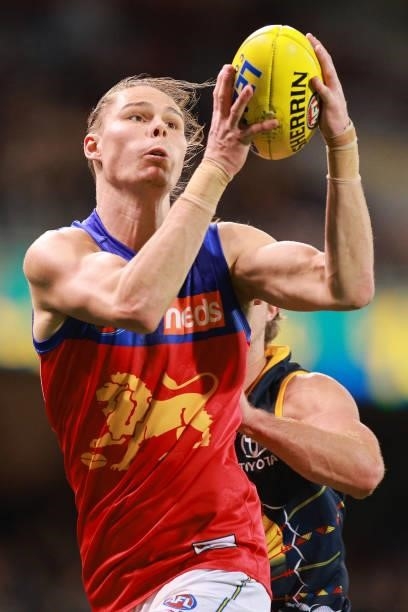 Eric Hipwood of the Lions marks the ball during the round 16 AFL match between Adelaide Crows and Brisbane Lions at Adelaide Oval on July 03, 2021 in...