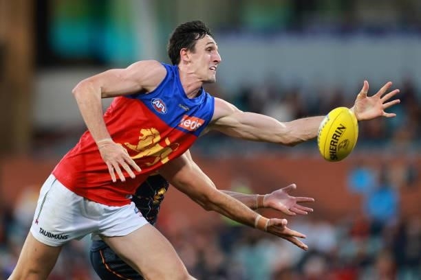 Oscar McInerney of the Lions competes for the ball during the round 16 AFL match between Adelaide Crows and Brisbane Lions at Adelaide Oval on July...