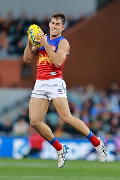Brandon Starcevich of the Lions marks the ball during the round 16 AFL match between Adelaide Crows and Brisbane Lions at Adelaide Oval on July 03,...