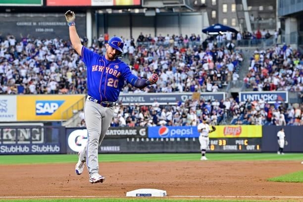 Pete Alonso of the New York Mets rounds third base on his two-run home run against the New York Yankees in the fourth inning during game two of a...