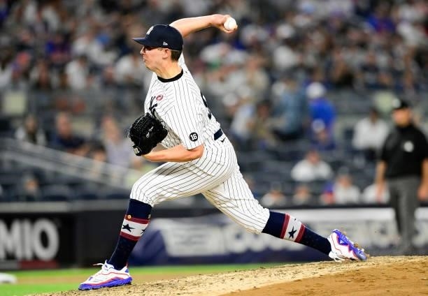 Chad Green of the New York Yankees pitches against the New York Mets in the seventh inning during game two of a doubleheader at Yankee Stadium on...