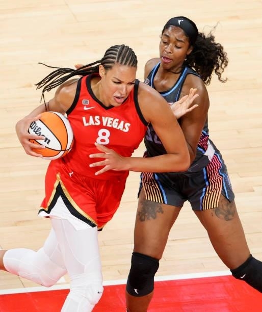 Liz Cambage of the Las Vegas Aces drives against Cheyenne Parker of the Atlanta Dream during their game at Michelob ULTRA Arena on July 4, 2021 in...