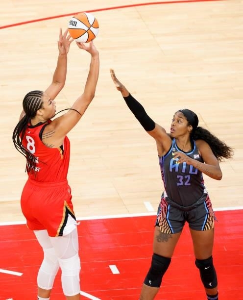 Liz Cambage of the Las Vegas Aces shoots against Cheyenne Parker of the Atlanta Dream during their game at Michelob ULTRA Arena on July 4, 2021 in...