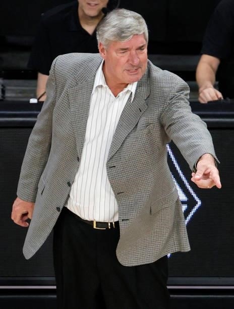 Head coach Bill Laimbeer of the Las Vegas Aces reacts during a game against the Atlanta Dream at Michelob ULTRA Arena on July 4, 2021 in Las Vegas,...