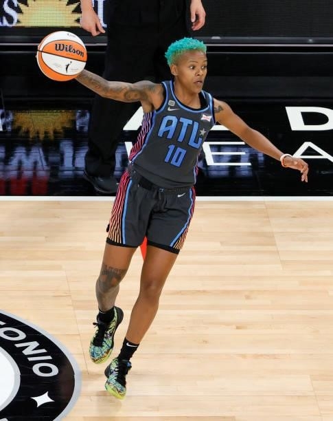 Courtney Williams of the Atlanta Dream catches a pass during a game against the Las Vegas Aces at Michelob ULTRA Arena on July 4, 2021 in Las Vegas,...