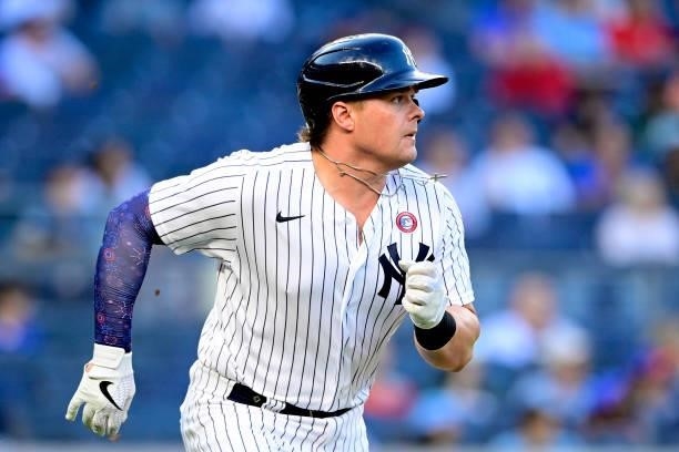 Luke Voit of the New York Yankees hits a double against the New York Mets in the second inning during game two of a doubleheader at Yankee Stadium on...