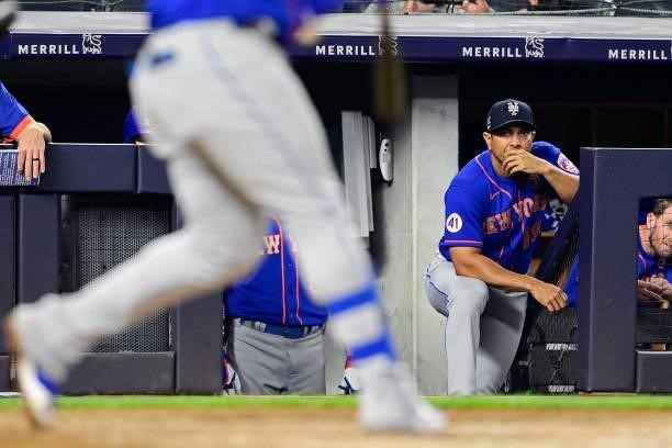 Manager Luis Rojas of the New York Mets gives looks on against the New York Yankees during game two of a doubleheader at Yankee Stadium on July 04,...