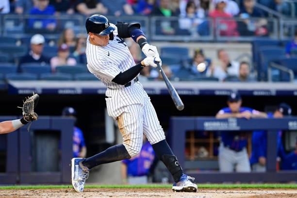 Aaron Judge of the New York Yankees hits the ball against the New York Mets during game two of a doubleheader at Yankee Stadium on July 04, 2021 in...
