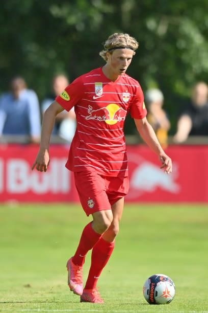 Maurits Kjaergaard of FC Red Bull Salzburg plays the ball during the Pre-Season Friendly match between FC Red Bull Salzburg and AS Monaco at...