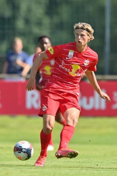 Maurits Kjaergaard of FC Red Bull Salzburg plays the ball during the Pre-Season Friendly match between FC Red Bull Salzburg and AS Monaco at...
