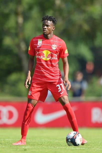 Daouda Guindo of FC Red Bull Salzburg plays the ball during the Pre-Season Friendly match between FC Red Bull Salzburg and AS Monaco at Maximarkt...