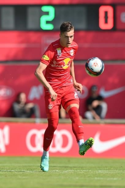 Luka Sucic of FC Red Bull Salzburg plays the ball during the Pre-Season Friendly match between FC Red Bull Salzburg and AS Monaco at Maximarkt...