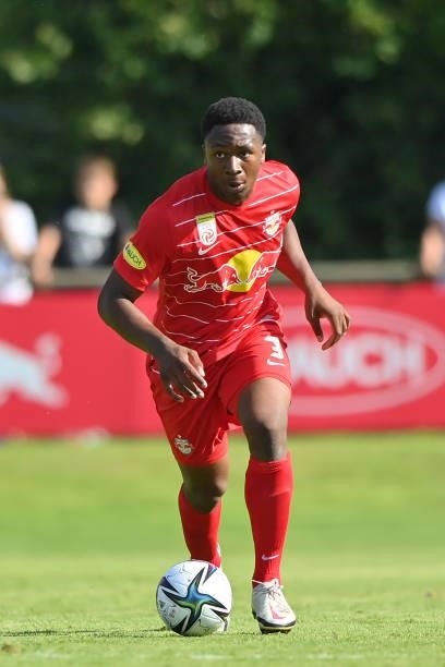 Bryan Okoh of FC Red Bull Salzburg plays the ball during the Pre-Season Friendly match between FC Red Bull Salzburg and AS Monaco at Maximarkt...