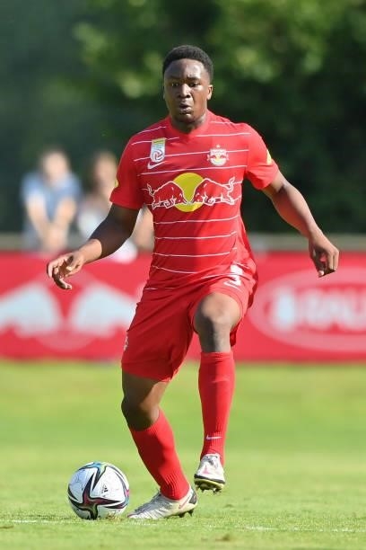 Bryan Okoh of FC Red Bull Salzburg plays the ball during the Pre-Season Friendly match between FC Red Bull Salzburg and AS Monaco at Maximarkt...