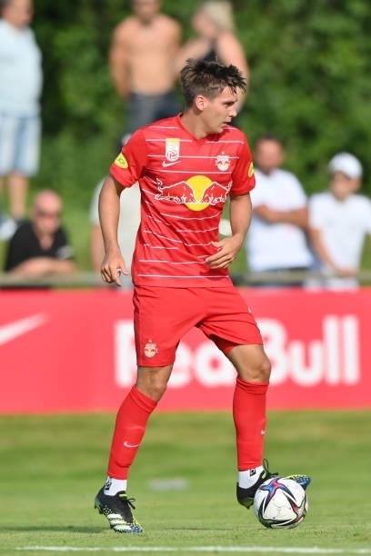 Maximilian Woeber of FC Red Bull Salzburg plays the ball during the Pre-Season Friendly match between FC Red Bull Salzburg and AS Monaco at Maximarkt...
