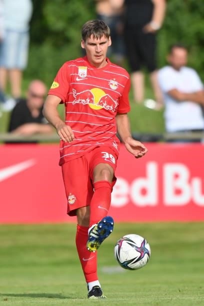 Maximilian Woeber of FC Red Bull Salzburg plays the ball during the Pre-Season Friendly match between FC Red Bull Salzburg and AS Monaco at Maximarkt...