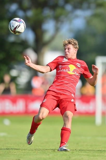 Kilian Ludewig of FC Red Bull Salzburg plays the ball during the Pre-Season Friendly match between FC Red Bull Salzburg and AS Monaco at Maximarkt...