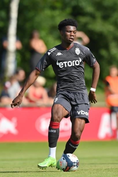 Aurelien Tchouameni of AS Monaco plays the ball during the Pre-Season Friendly match between FC Red Bull Salzburg and AS Monaco at Maximarkt...