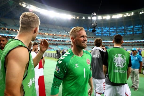 Kasper Schmeichel of Denmark celebrates their side's victory after the UEFA Euro 2020 Championship Quarter-final match between Czech Republic and...