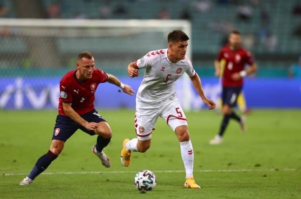 Joakim Maehle of Denmark on the ball whilst under pressure from Vladimir Coufal of Czech Republic during the UEFA Euro 2020 Championship...