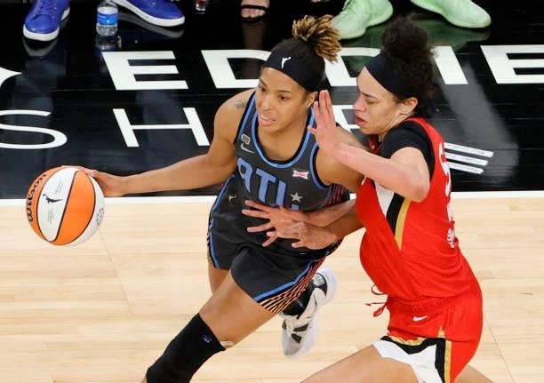 Tianna Hawkins of the Atlanta Dream is guarded by Dearica Hamby of the Las Vegas Aces during their game at Michelob ULTRA Arena on July 4, 2021 in...