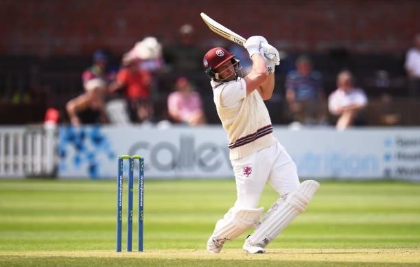 Roelof Van Der Merwe of Somerset plays a shot during Day Two of the LV= Insurance County Championship match between Somerset and Leicestershire at...