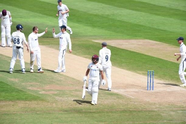 Ricardo Vasconcelos of Northamptonshire is dismissed off the bowling of Dom Bess of Yorkshire during the LV= Insurance County Championship match...