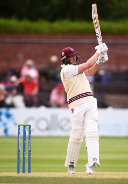 Josh Davey of Somerset plays a shot during Day Two of the LV= Insurance County Championship match between Somerset and Leicestershire at The Cooper...