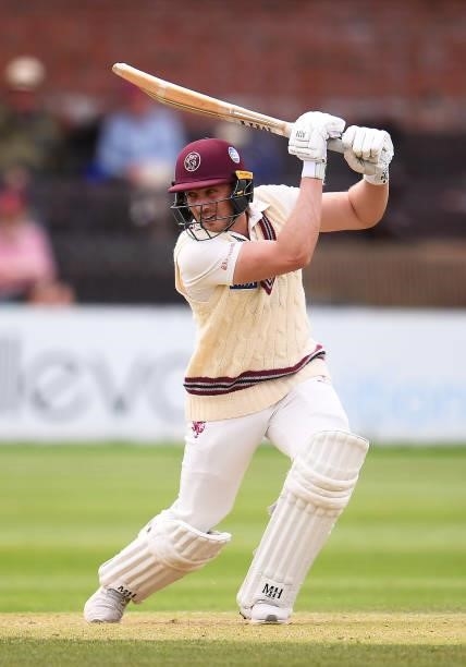 Josh Davey of Somerset plays a shot during Day Two of the LV= Insurance County Championship match between Somerset and Leicestershire at The Cooper...