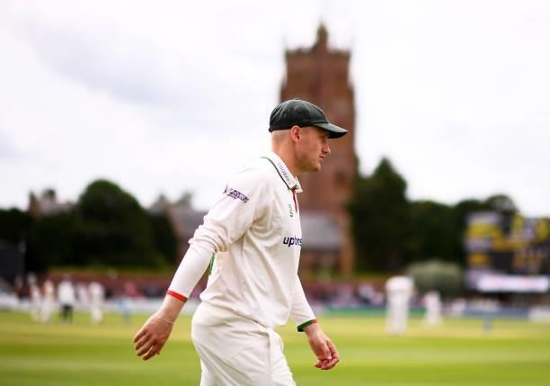 Callum Parkinson of Leicestershire looks on during Day Two of the LV= Insurance County Championship match between Somerset and Leicestershire at The...