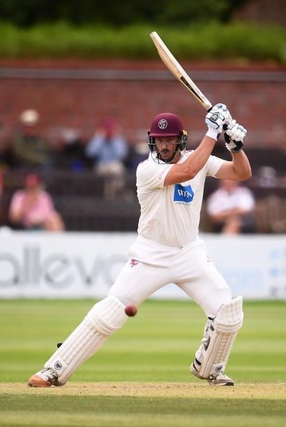 Marchant De Lange of Somerset plays a shot during Day Two of the LV= Insurance County Championship match between Somerset and Leicestershire at The...