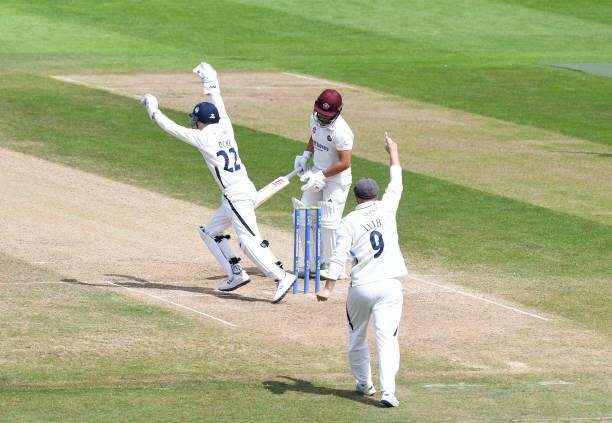 Harry Duke of Yorkshire celebrates catching out Ricardo Vasconcelos of Northamptonshire during the LV= Insurance County Championship match between...
