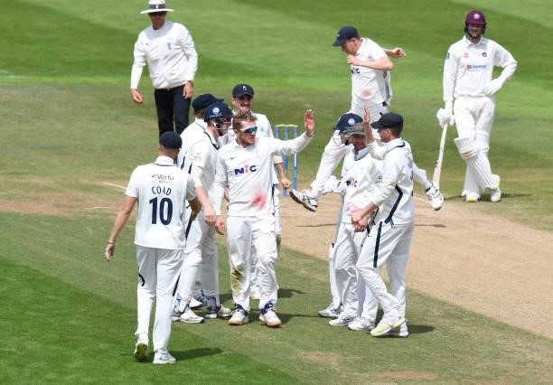 Dom Bess of Yorkshire celebrates taking the wicket of Saif Zaib of Northamptonshire,f his fifth of the innings during the LV= Insurance County...