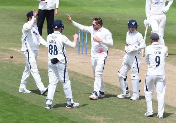 Dom Bess of Yorkshire celebrates taking the wicket of Saif Zaib of Northamptonshire, his fifth of the innings during the LV= Insurance County...