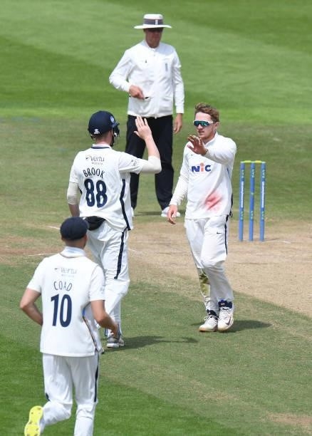 Dom Bess of Yorkshire celebrates taking the wicket of Wayne Parnell of Northamptonshire, his sixth of the innings during the LV= Insurance County...
