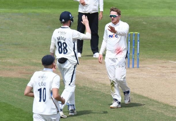 Dom Bess of Yorkshire celebrates taking the wicket of Wayne Parnell of Northamptonshire, his sixth of the innings during the LV= Insurance County...