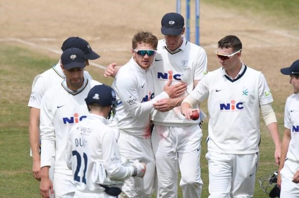 Dom Bess of Yorkshire celebrates taking the wicket of Ben Sanderson of Northamptonshire, his seventh wicket of the innings during the LV= Insurance...