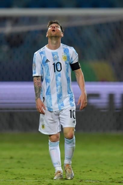 Lionel Messi of Argentina reacts during a quarter-final match of Copa America Brazil 2021 between Argentina and Ecuador at Estadio Olimpico on July...