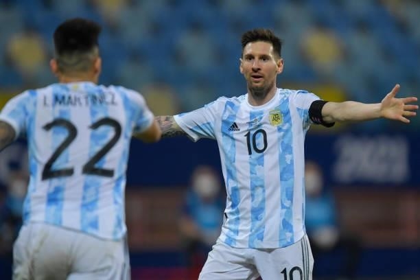 Lionel Messi of Argentina celebrates the second goal of his team scored by Lautaro Martinez during a quarter-final match of Copa America Brazil 2021...