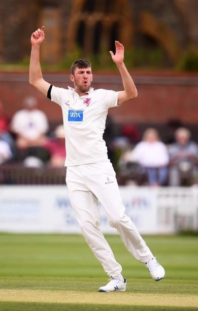 Craig Overton of Somerset reacts during Day Two of the LV= Insurance County Championship match between Somerset and Leicestershire at The Cooper...