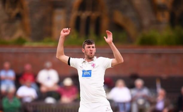Craig Overton of Somerset reacts during Day Two of the LV= Insurance County Championship match between Somerset and Leicestershire at The Cooper...