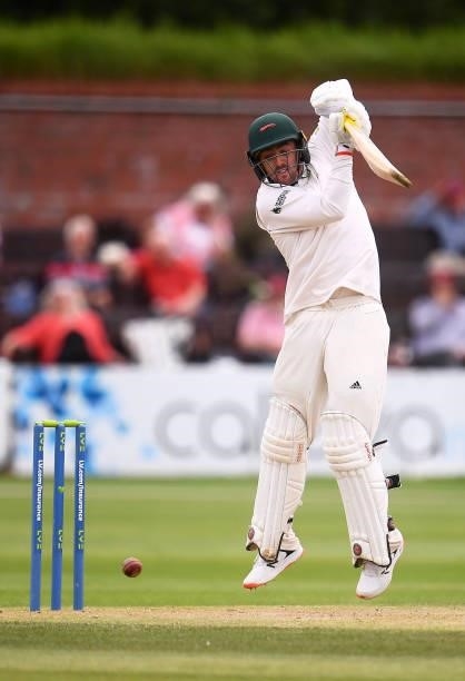 Lewis Hill of Leicestershire plays a shot during Day Two of the LV= Insurance County Championship match between Somerset and Leicestershire at The...