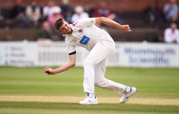 Craig Overton of Somerset fields the ball during Day Two of the LV= Insurance County Championship match between Somerset and Leicestershire at The...