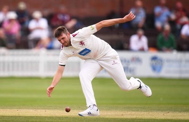 Craig Overton of Somerset fields the ball during Day Two of the LV= Insurance County Championship match between Somerset and Leicestershire at The...