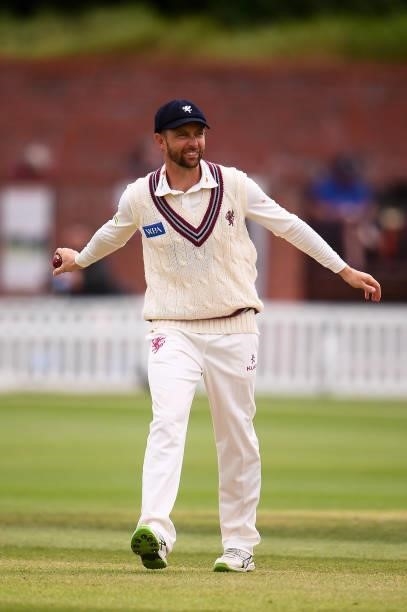 Devon Conway of Somerset fields the ball during Day Two of the LV= Insurance County Championship match between Somerset and Leicestershire at The...