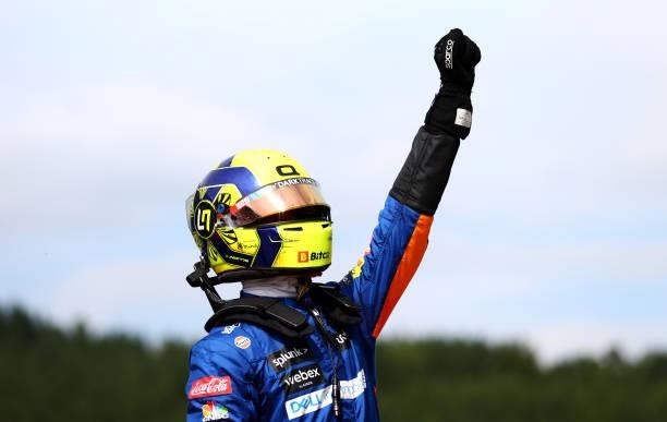 Third placed Lando Norris of Great Britain and McLaren F1 celebrates in parc ferme during the F1 Grand Prix of Austria at Red Bull Ring on July 04,...