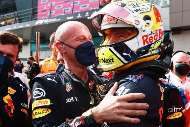 Race winner Max Verstappen of Netherlands and Red Bull Racing celebrates in parc ferme during the F1 Grand Prix of Austria at Red Bull Ring on July...