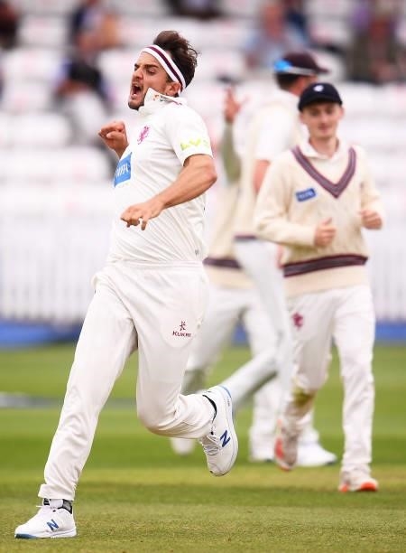 Jack Brooks of Somerset celebrates after taking the wicket of Rishi Patel of Leicestershire during Day Two of the LV= Insurance County Championship...
